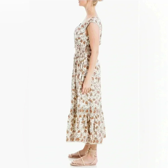 MAX STUDIO - Floral Smocked Maxi Dress Orange and Blue Print Size Small - Picture 2 of 5